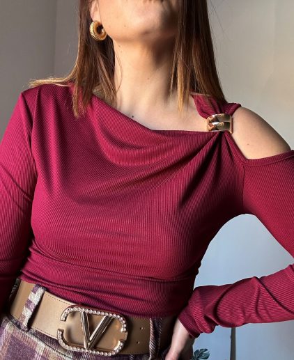 Camiseta canalé asimétrica burdeos