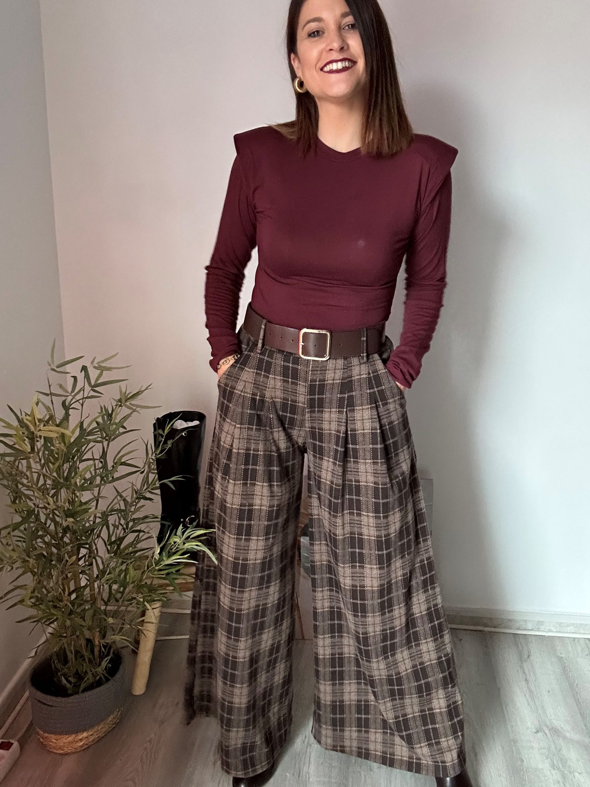 Pantalón palazzo cuadros marrones 2