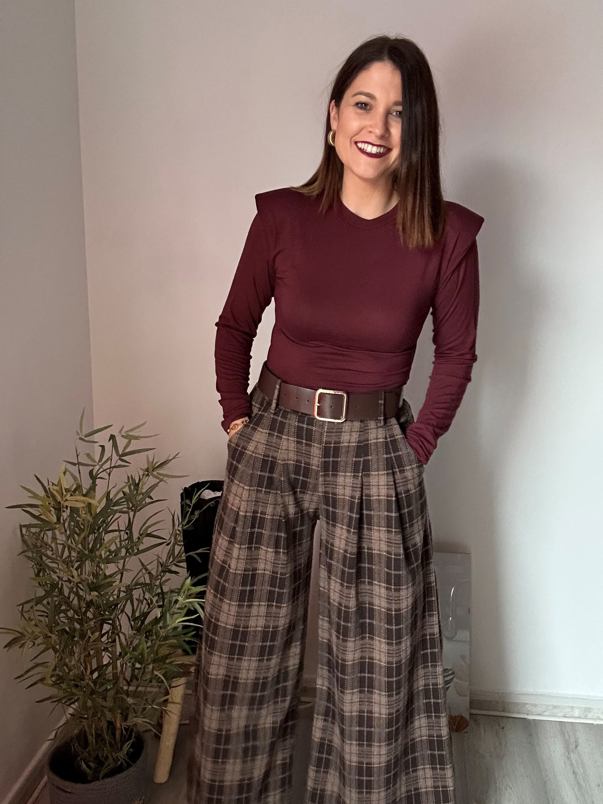 Pantalón palazzo cuadros marrones 3