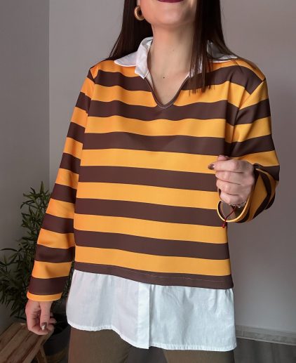 Sudadera efecto camisa a rayas marrón y mostaza