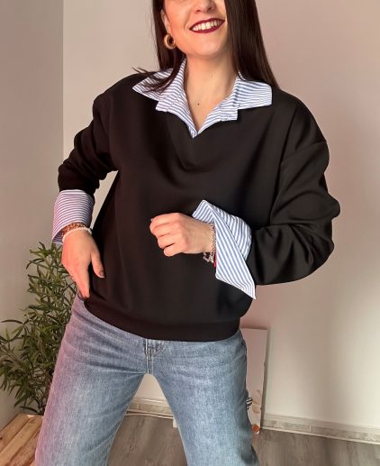 Sudadera negra efecto camisa