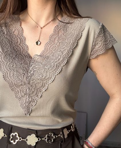 Camiseta canalé encaje taupe