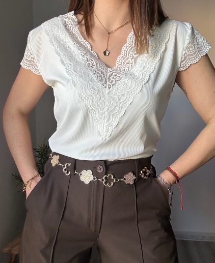 Camiseta canalé encaje blanca