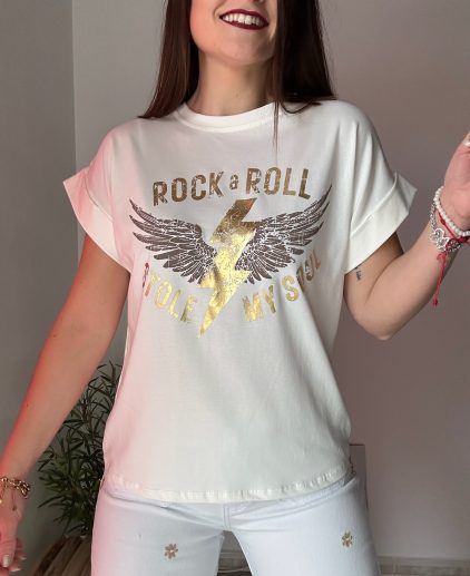 Camiseta rock and roll dorada