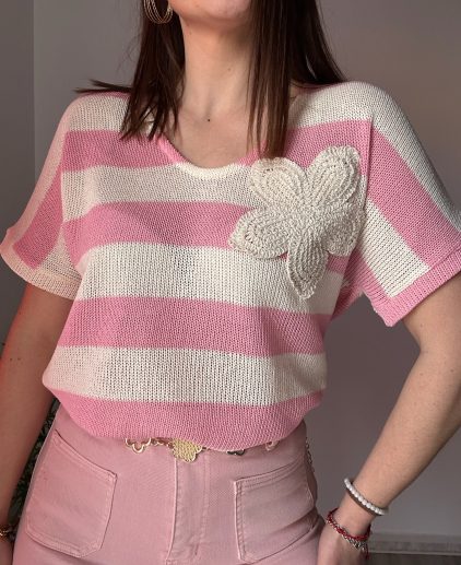 Camiseta rayas flor bordada