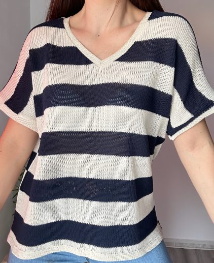 Camisa hilo rayas azul marino y beige