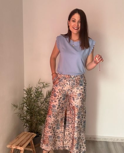 Pantalón tapizado flores azul