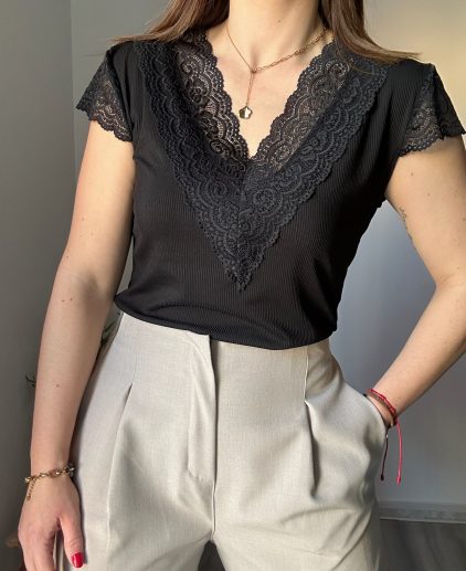 Camiseta canalé encaje negro