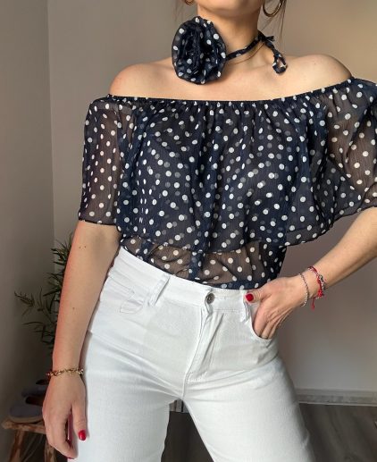 Blusa bardot azul marino lunares