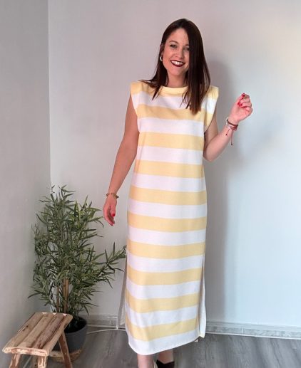 Vestido hombreras amarillo y blanco